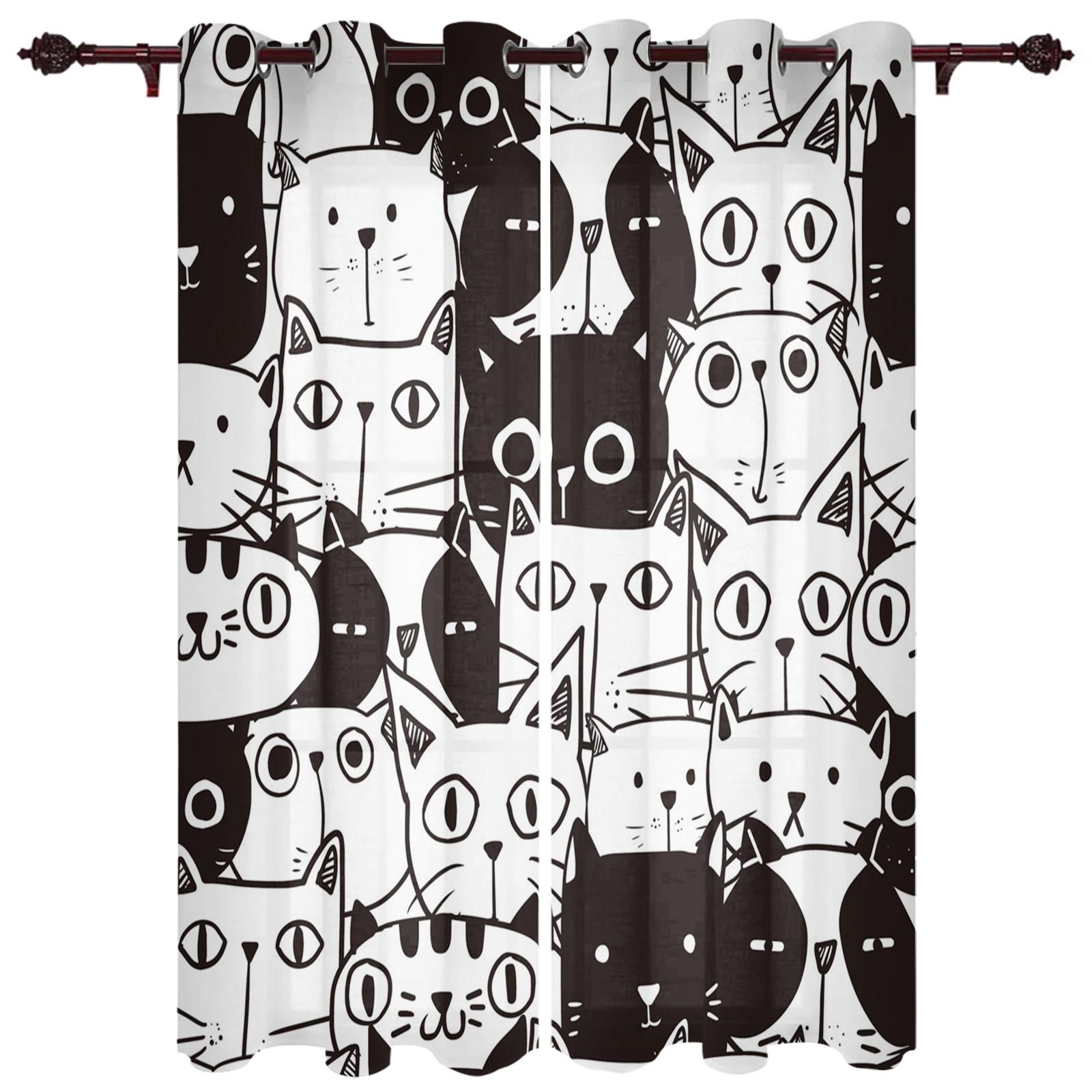 

Черные оконные шторы с изображением кошки, шторы для гостиной, декоративные предметы для гостиной 100W x 160H (cm) x2
