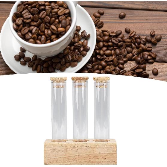 Asixxsix Coffee Bean Jars Canisters, Glass Tubes Single Dose Coffee Bean Storage with Wooden Display Stand & Airtight Lids, Coffee Bean Cellar