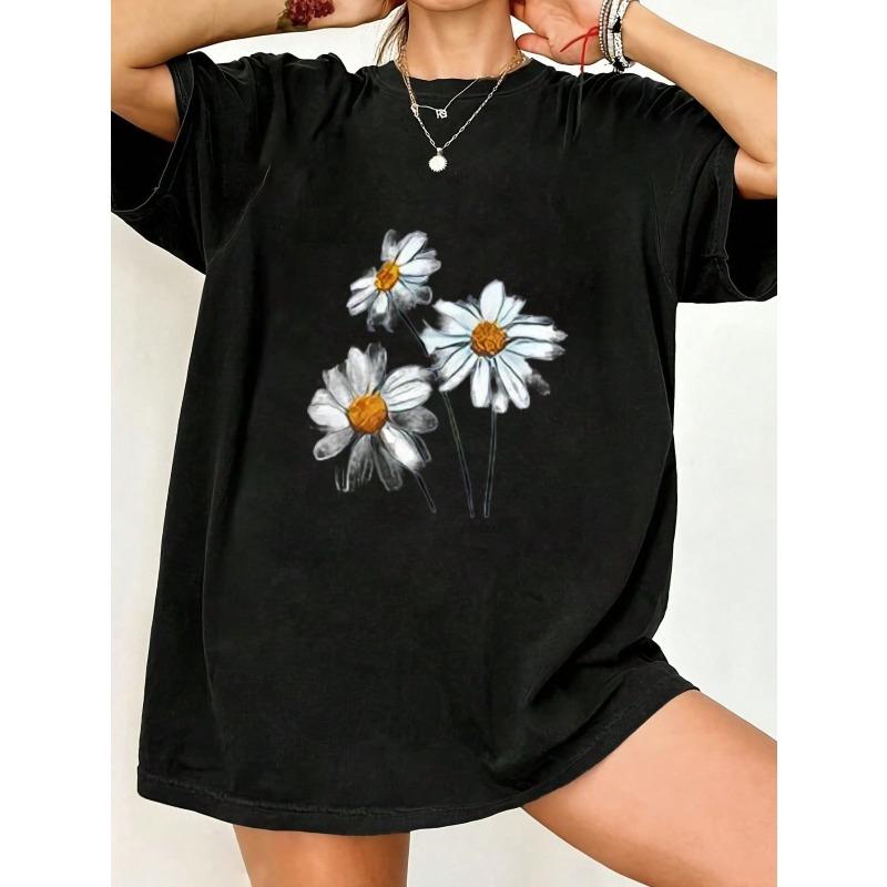 Oversized T Shirt Black Daisy Flower Print Summer Casual Wear