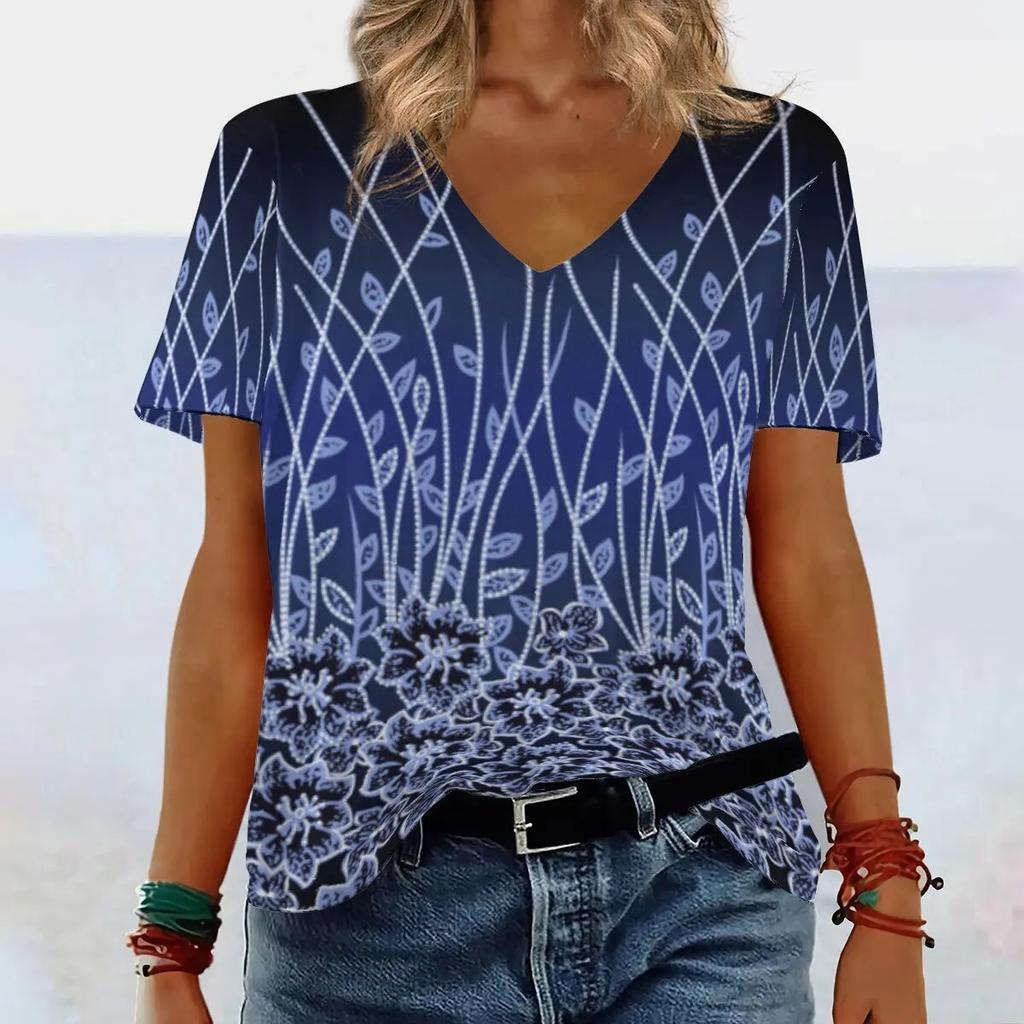 Summer V-neck 3D Gradient Printed Top Fashionable Casual Short Sleeved Women's T-shirts