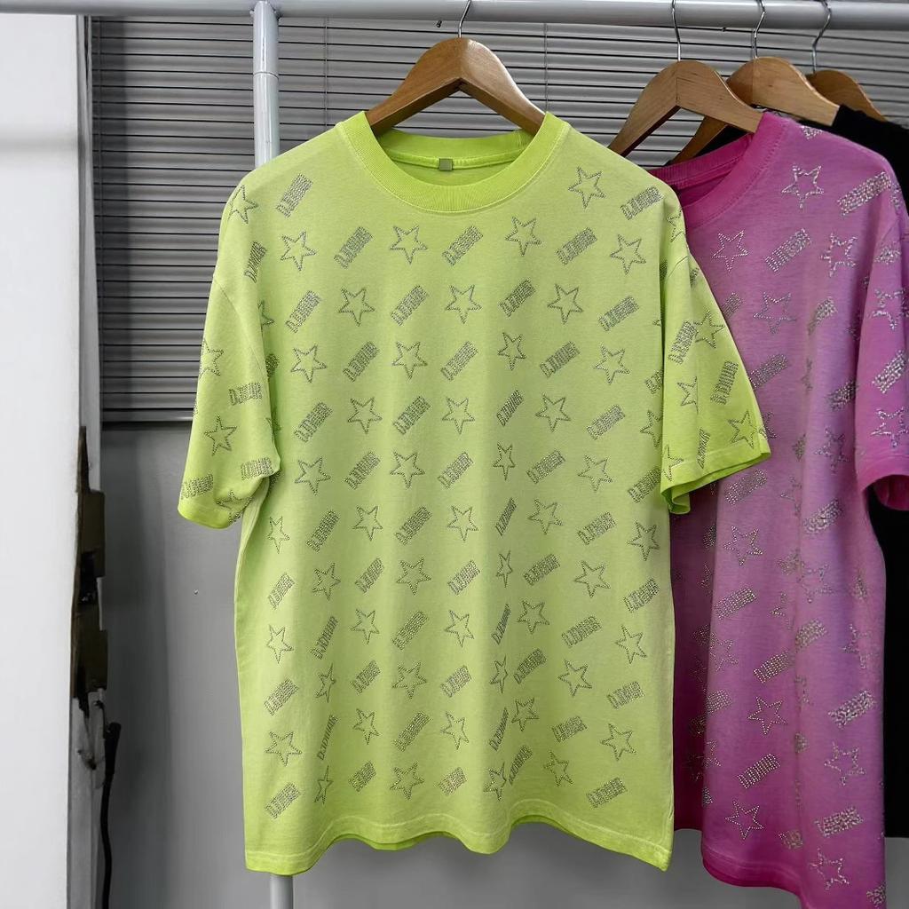 Women's Summer Round-neck Short-sleeved T-shirt Heavy Diamond Ironing Washed and Aged Loose Top