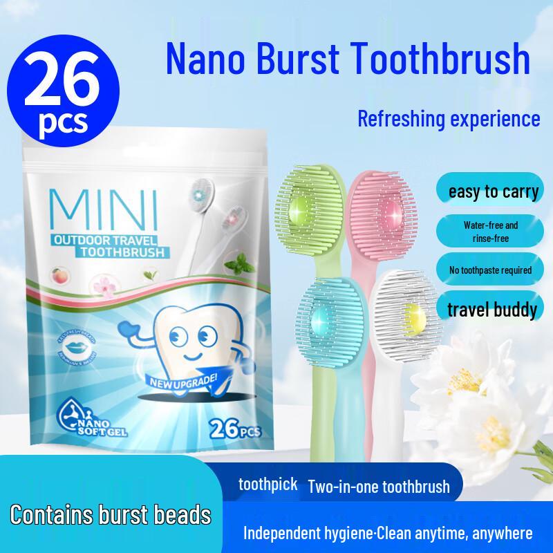 Jiemengzhe Nano Disposable Travel Toothbrushes, Soft Bristles, Mint Flavor, 8-Pack
