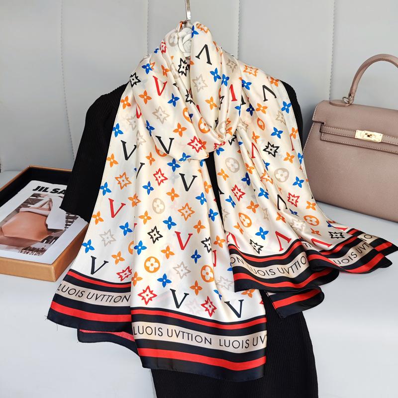 New Spring and Summer Long Silk Scarf High-end Imitation Silk Kicker Silk Scarf with Brocade Printed Shawl On The Outside Sun Protection Scarf