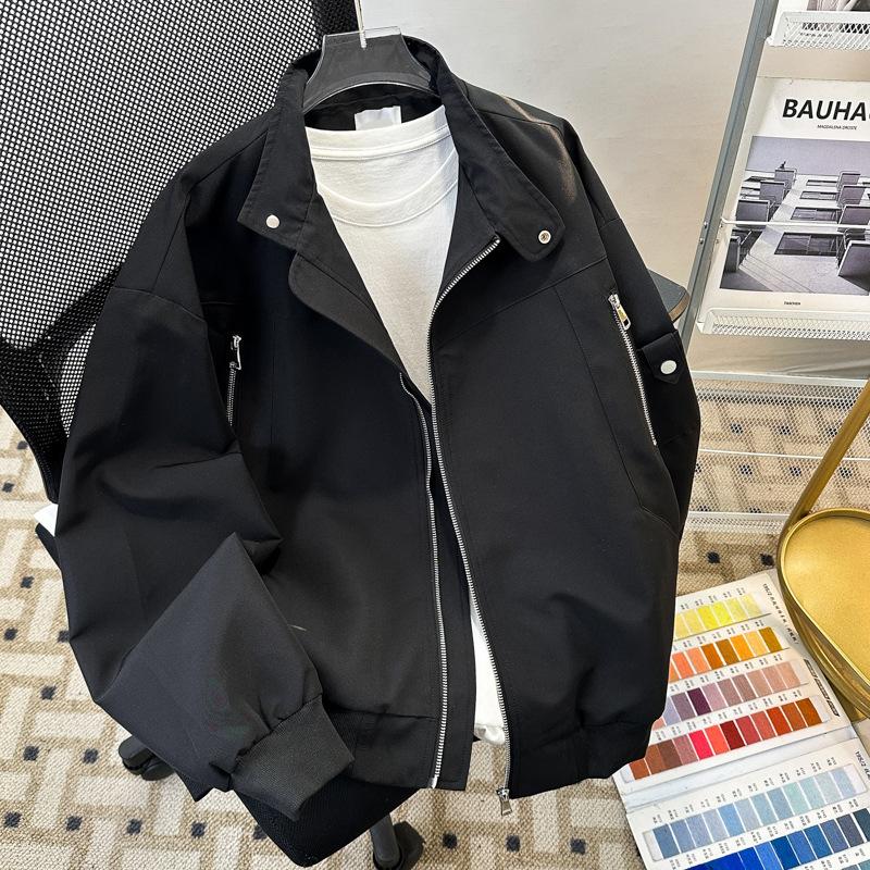 

American retro tooling stand-up collar jacket men s spring and autumn trendy brand splicing design bomber jacket short baseball uniform M