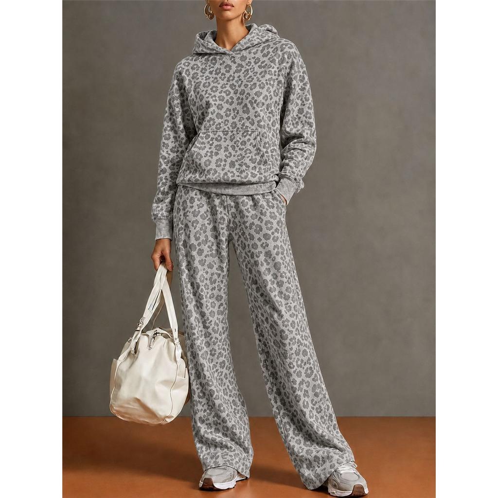 Women Leopard Print 2 Piece Outfit Hooded Sweatshirt And Wide Leg Pants Set Long Sleeve Casual Tracksuit Autumn Winter Loungewear