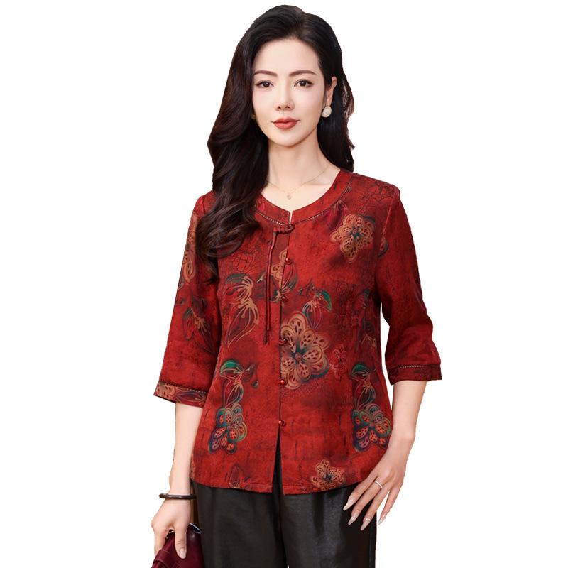 Spring and  new retro flower dill fragrant cloud yarn printed women's top silk shirt casual literary loose and comfortable