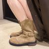 Módní podzimní kotníkové boty s V-nýtovou přezkou na opasku 2024 Teplé anglický podpatek Plus fleece Rytířské vintage boty