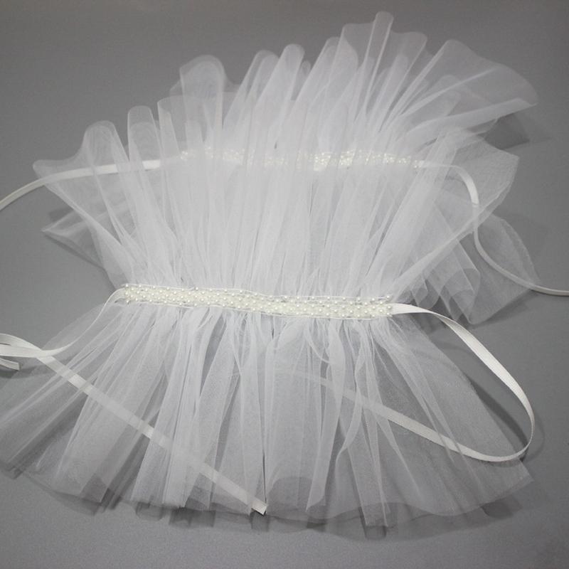 White Tulle Ribbon Bridal Wristband Ruffled Bracelet Party Mesh Sleeves Fake Cuffs Costume Performances Accessory