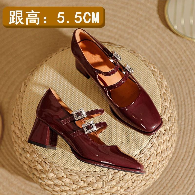 

Французские туфли Мэри Джейн на высоком каблуке, толстый каблук, красные свадебные туфли 2025 года, новые квадратные одинарные туфли для женщин на среднем каблуке 34 бордовый