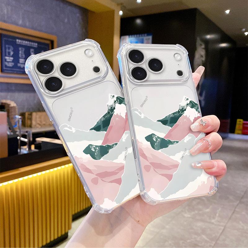 Batch Art Pink Green Snow Mountain Illustration Apple 14promax Transparent Mobile Phone Case Four Corners Anti-drop Protective Case