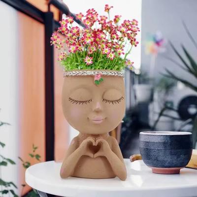Resin Face Flower Pot with Drainage Hole Desktop Ornament Creative Desktop Storage  Garden Supplies