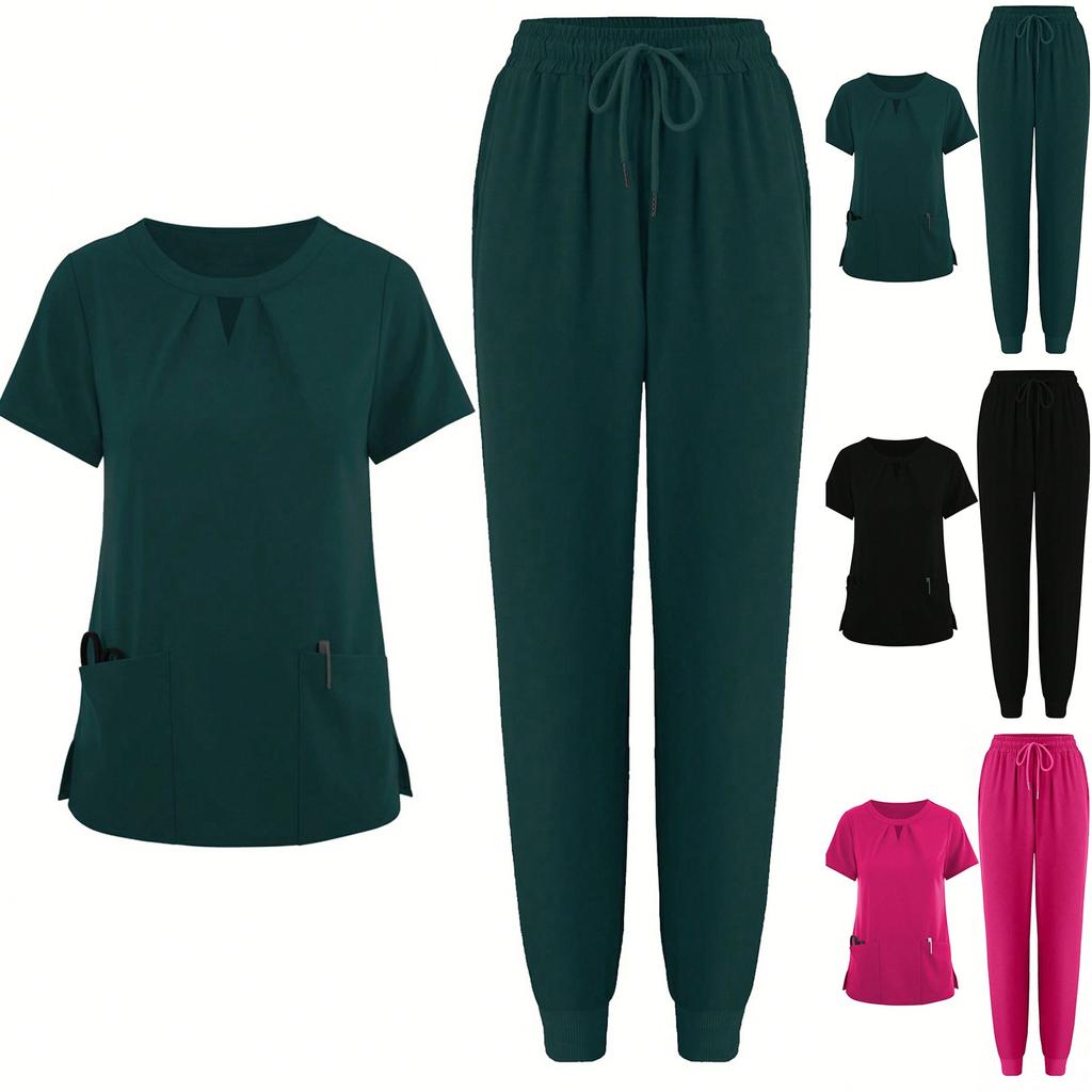 Short Sleeved Solid Color Round Neck Pocket Top Pants Work Clothes Two-Piece Set