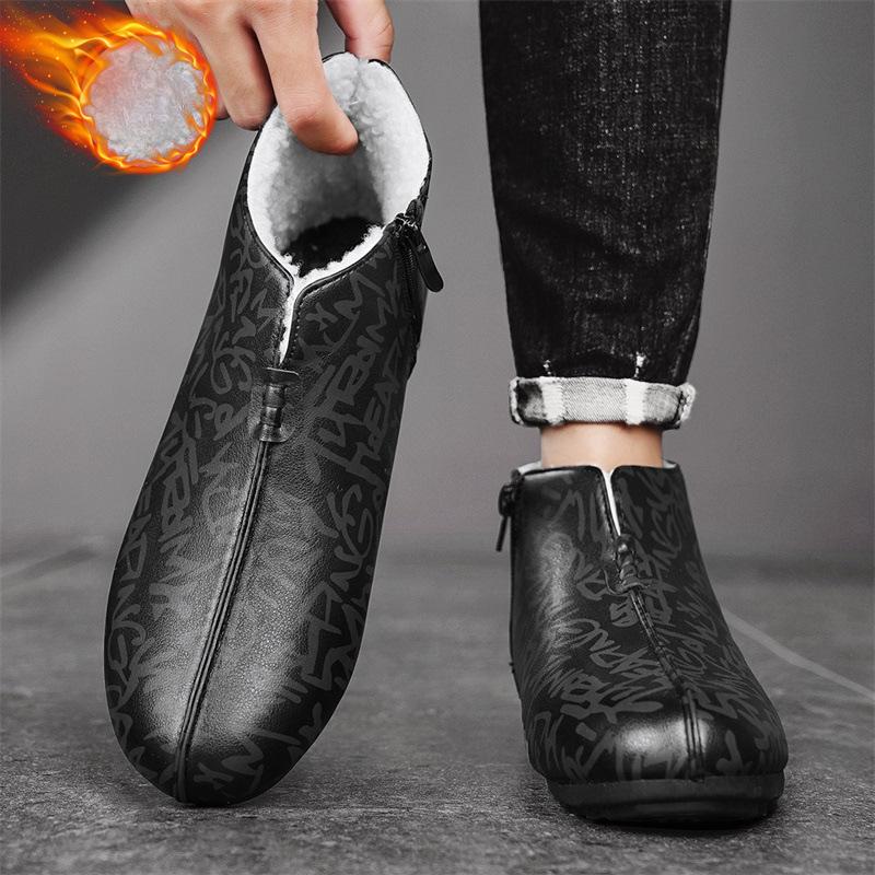 Men's Winter Warm Snow Boots Lightweight Non-Slip Faux Fur Lined Short Ankle Booties Comfortable PU Leather Walking Business Casual Work Shoes for Men