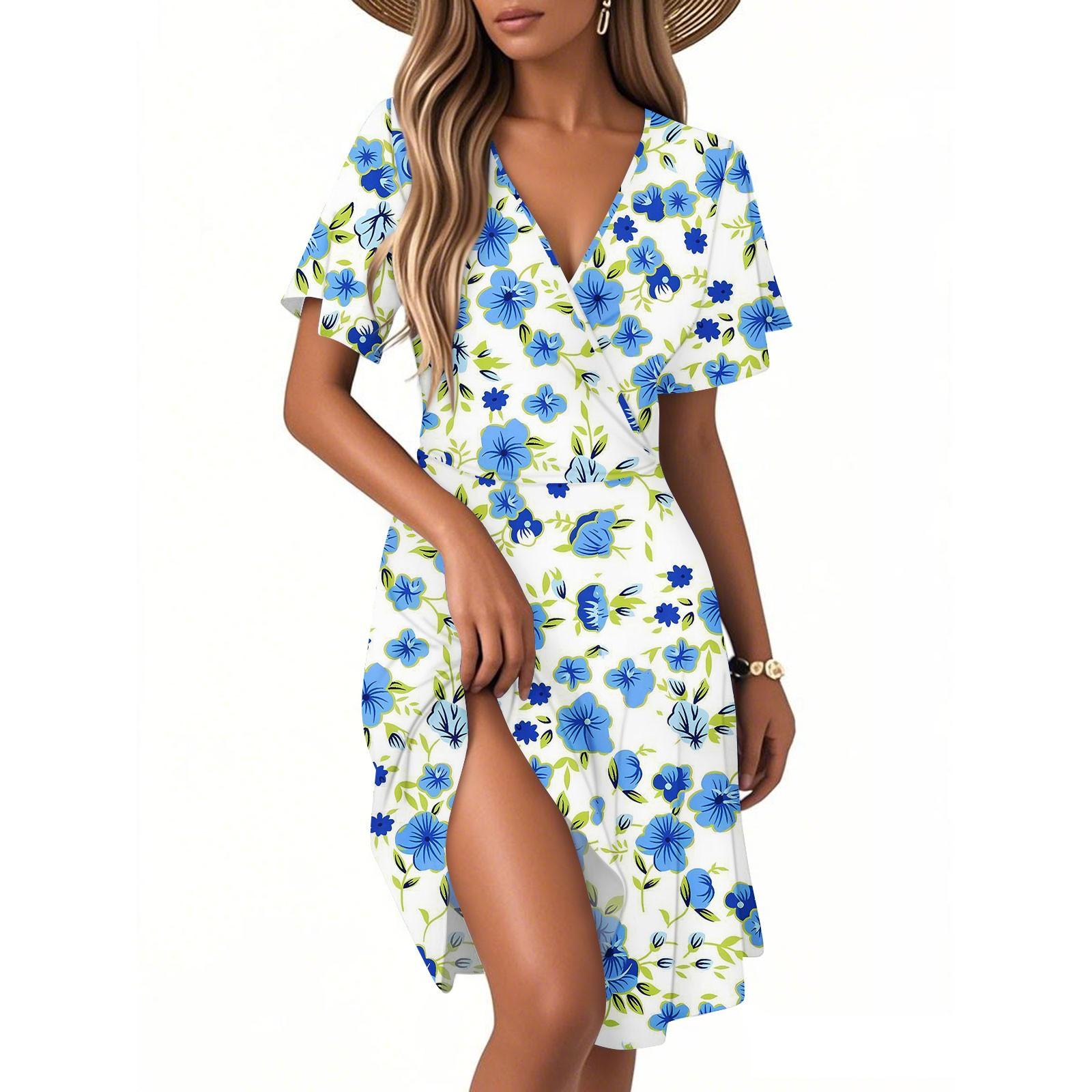 

Женское повседневное модное платье с винтажным цветочным принтом и коротким рукавом и V-образным вырезом XL