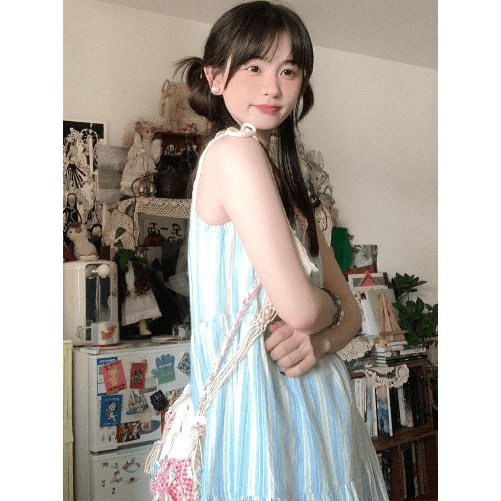 Women's Seaside Stripe Spaghetti Strap Maxi Dress - 2025 Summer French Style, Loose Fit, Petite