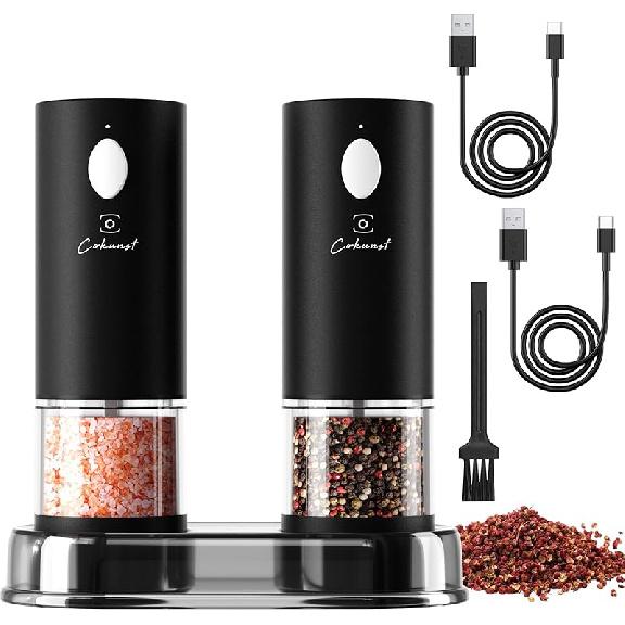 Electric Pepper or Salt Grinder, COKUNST USB Rechargeable Automatic Pepper Grinder with Visual Silo & LED Light, Black Pepper Grinder Mill Refillable