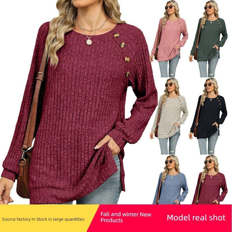 

2025 round Neck Raglan Sleeves Solid Color T-shirt Split Top Blue S