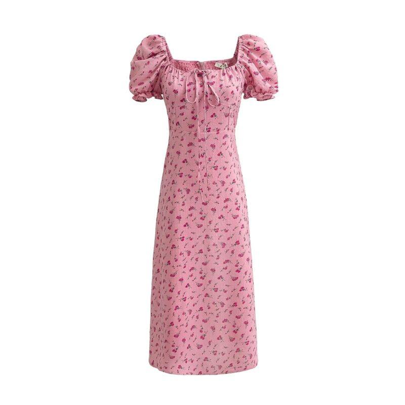 Kaslead New Arrival Women's Clothing Fashion Style Silm Pink Roses Long Short Sleeve Dress