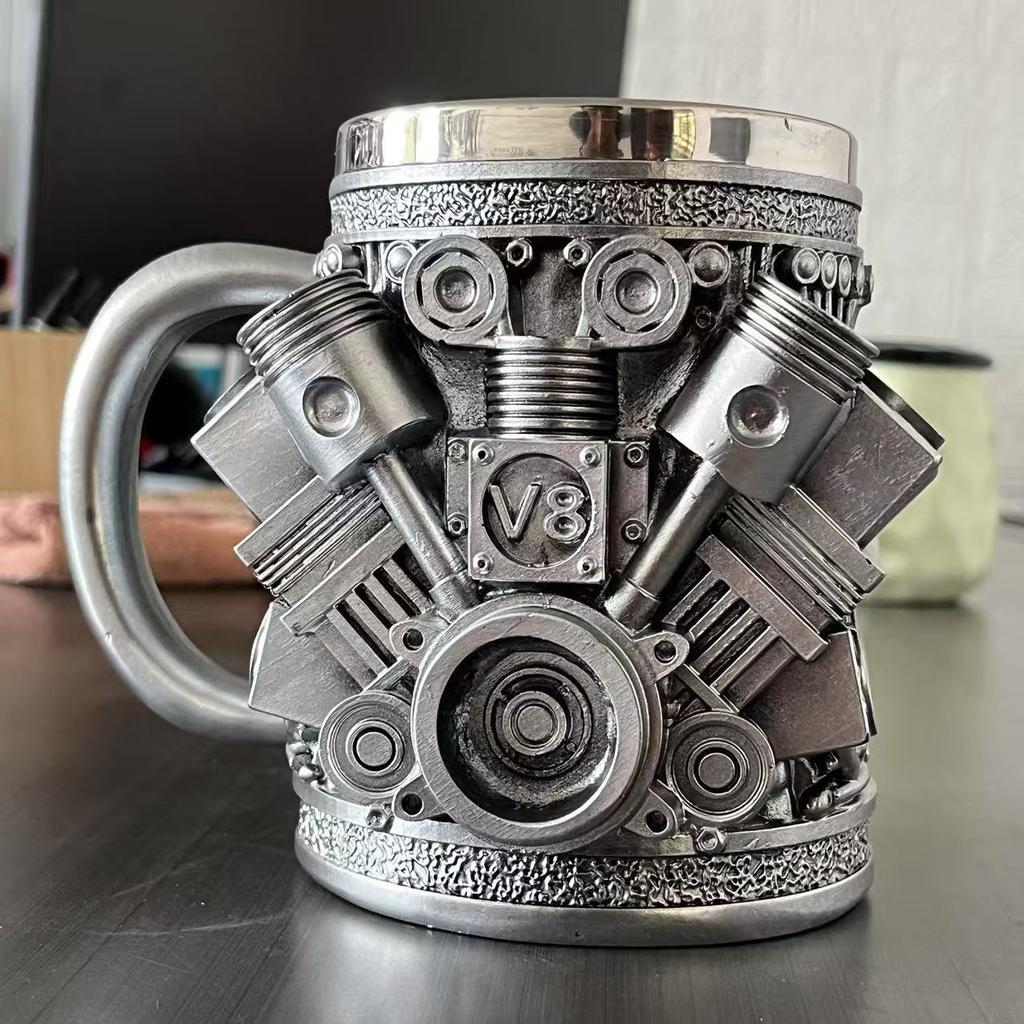Creative V8 Engine Mug, Resin Stainless Steel Ornament, Car Lover Gift, Office Desk Decor, Unique Beer Cup