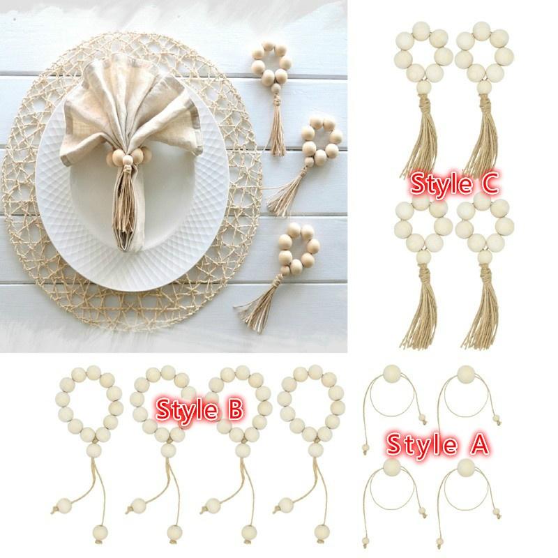 4Pcs Natural Wooden Bead Napkin Rings for Weddings Home Decor