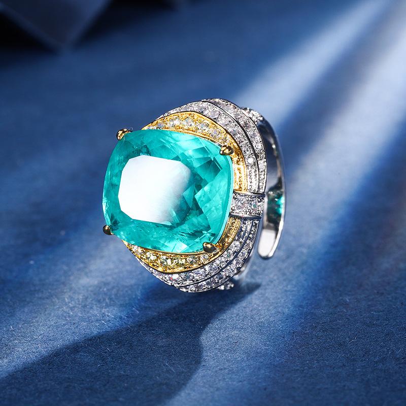 Jewelry Copper Bottom Gold-Plated Simulation Corundum Fat Rectangular Light Luxury Personalized Ring Female 14 * 16