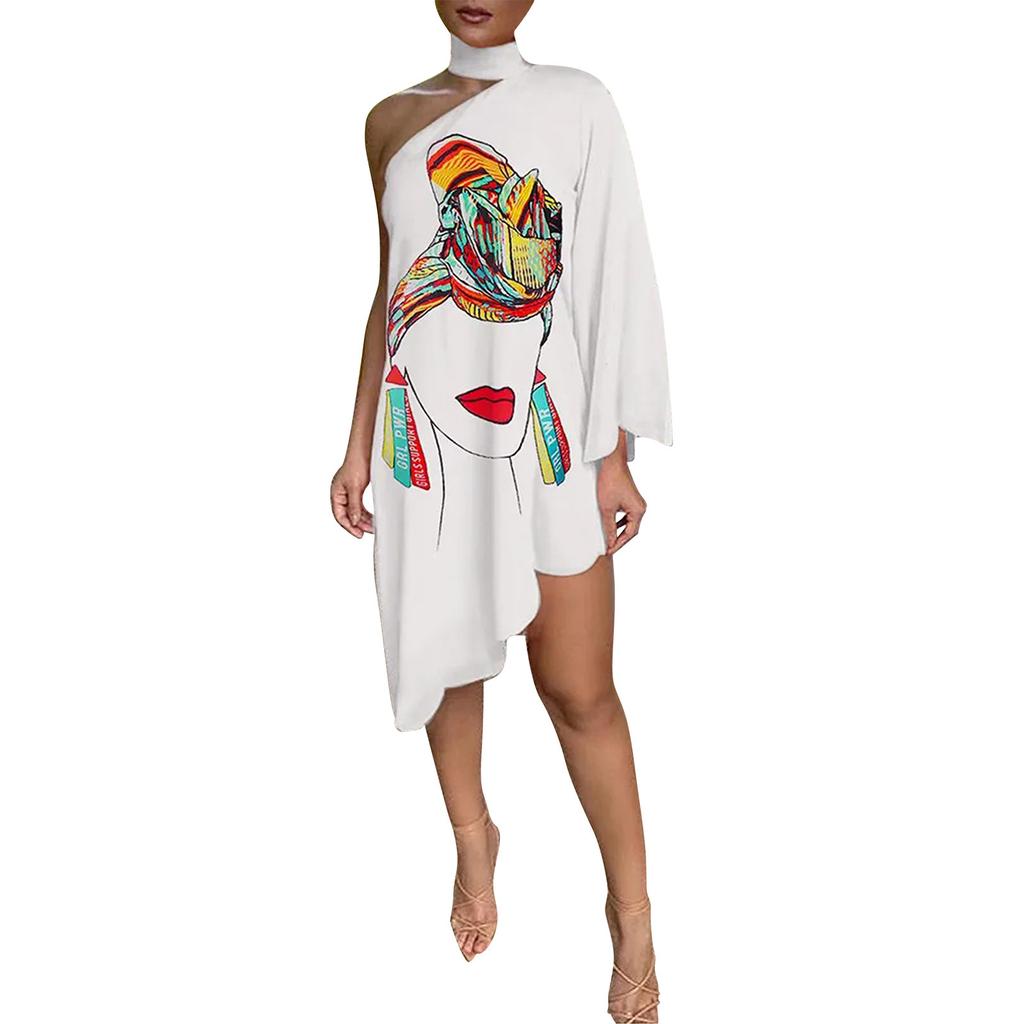 Wish Ladies Slash Shoulder Digital Printing Neck Strap Dress