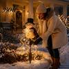 Decorative Hanging String Lights Solar Snowman Garden Light with Flowing Snowflakes, LED Christmas Waterfall Seasonal Outdoor Lighting for Walkways