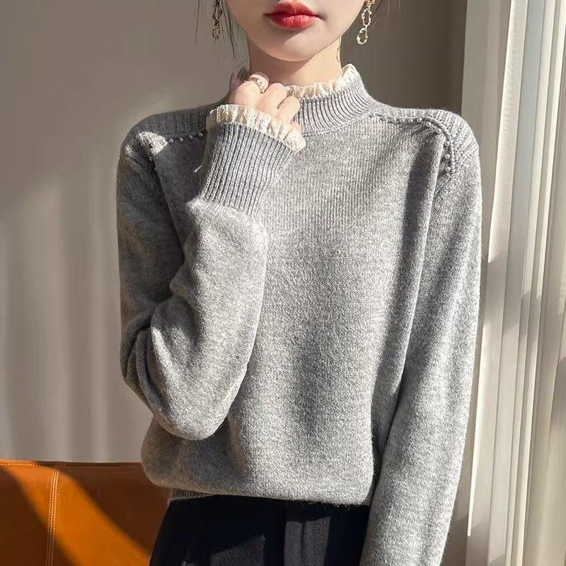 Women's Lace Collar Sweater Loose Soft Stand Collar Knit Top Beaded Knit Pullover Fall/Winter