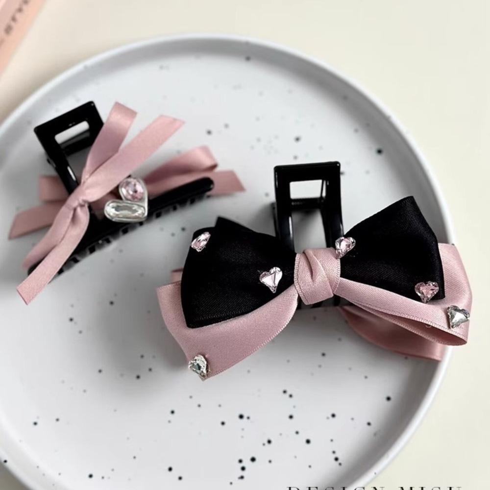 Love Water Diamond Bow Shark Clip Black Powder Contrasting Design Hair Grab Niche Sweet Style Daily Styling Tie Hair Accessory