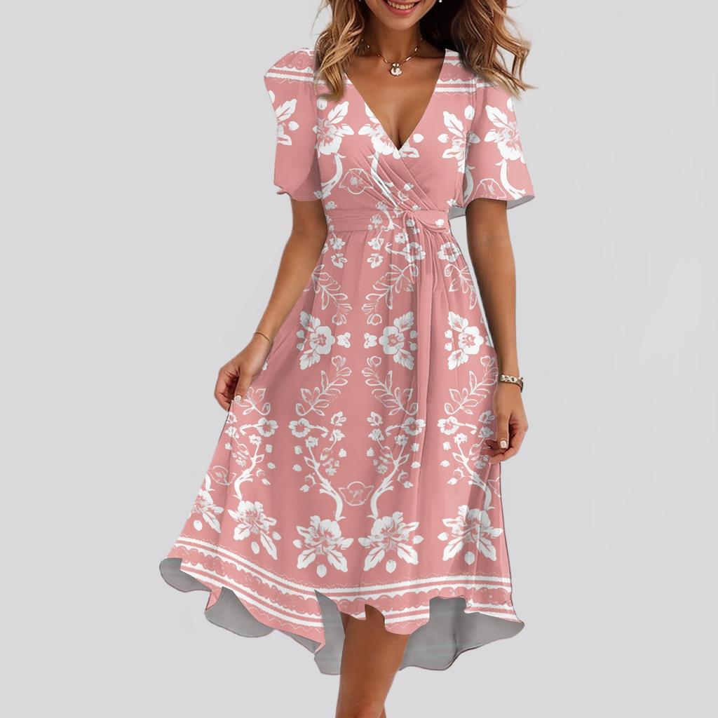 Women's Loose Casual  V-Neck Flared Skirt Short Sleeved Printed Dress Printed Dress