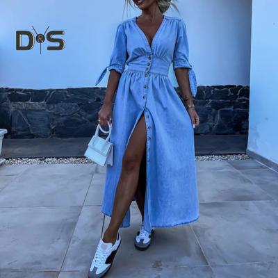 Lady Summer Dress Deep V Neck Slim Waist Pleated A-line Big Hem High Split Lace-up Knot Cuffs Solid Color Denim Long Dress Commute Dating Maxi Dress
