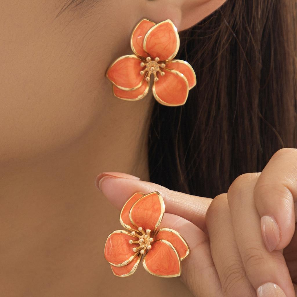 Simple Oil-Infused Flower Earrings And Necklace Set - Casual Jewelry Set For Women
