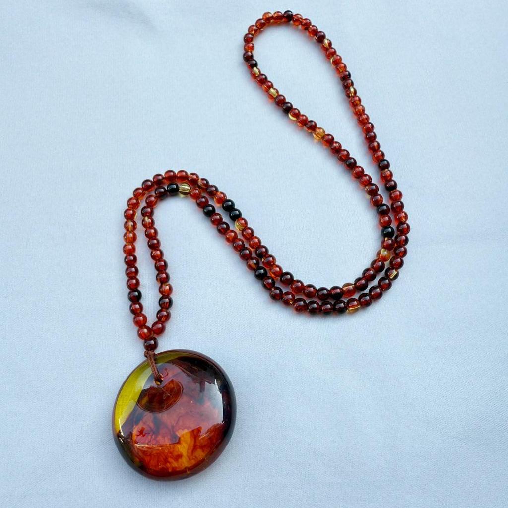 Amber Beeswax Teardrop Pendant Necklace for Men & Women - Blood Vein Charm, Ethnic Style, Peace & Safety Sweater Chain