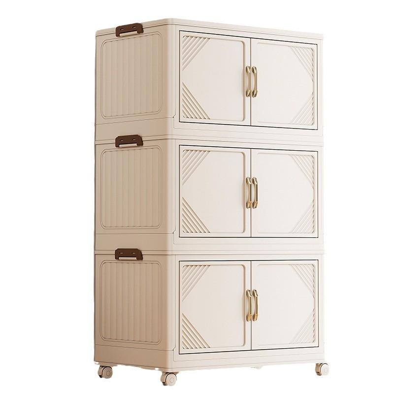 Plastic Folding Storage Cabinet With Double Doors Multi-Layer Shoe Organizer Toy Bin Living Room