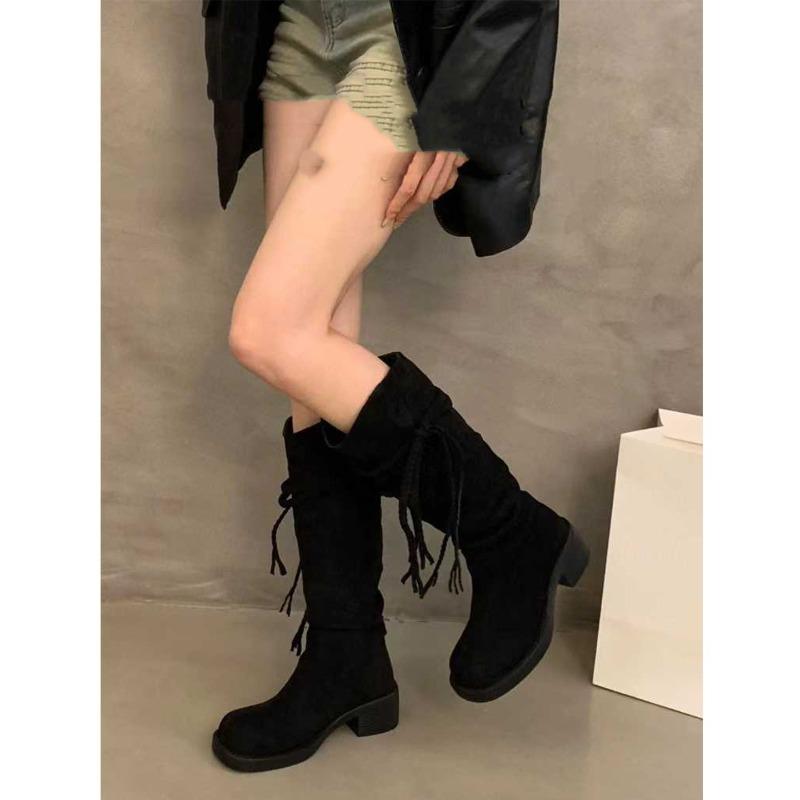 Niche wasteland fringed knight boots women's new thick heel Xinjiang Maillard boots women's tide