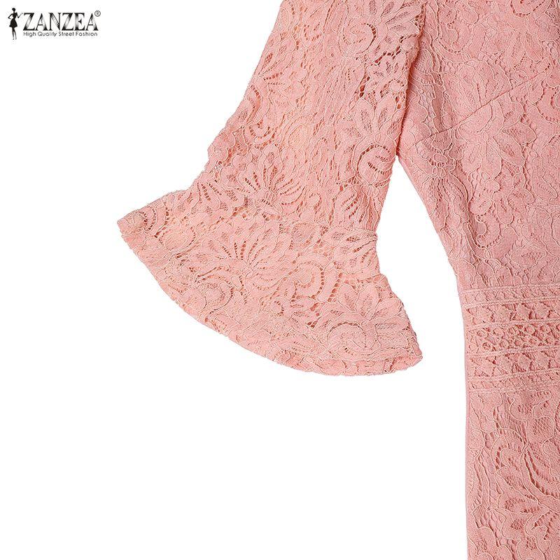 ZANZEA Women Casual Round Neck Flare Sleeve Elegant Lace Patchwork Long Dress