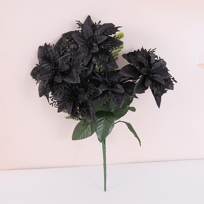 Cross-border Christmas 5-Fork Velvet Artificial Flower Bouquet - Green Plant Bonsai Christmas Decoration