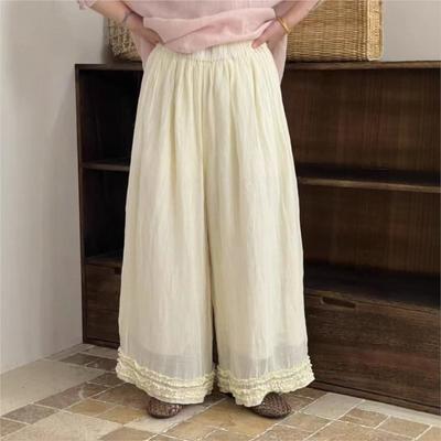 Pantaloni da Donna a Gamba Dritta in Pizzo Vintage Tinta Unita Larghi Casual Mori Vita Elastica Pantaloni da Donna