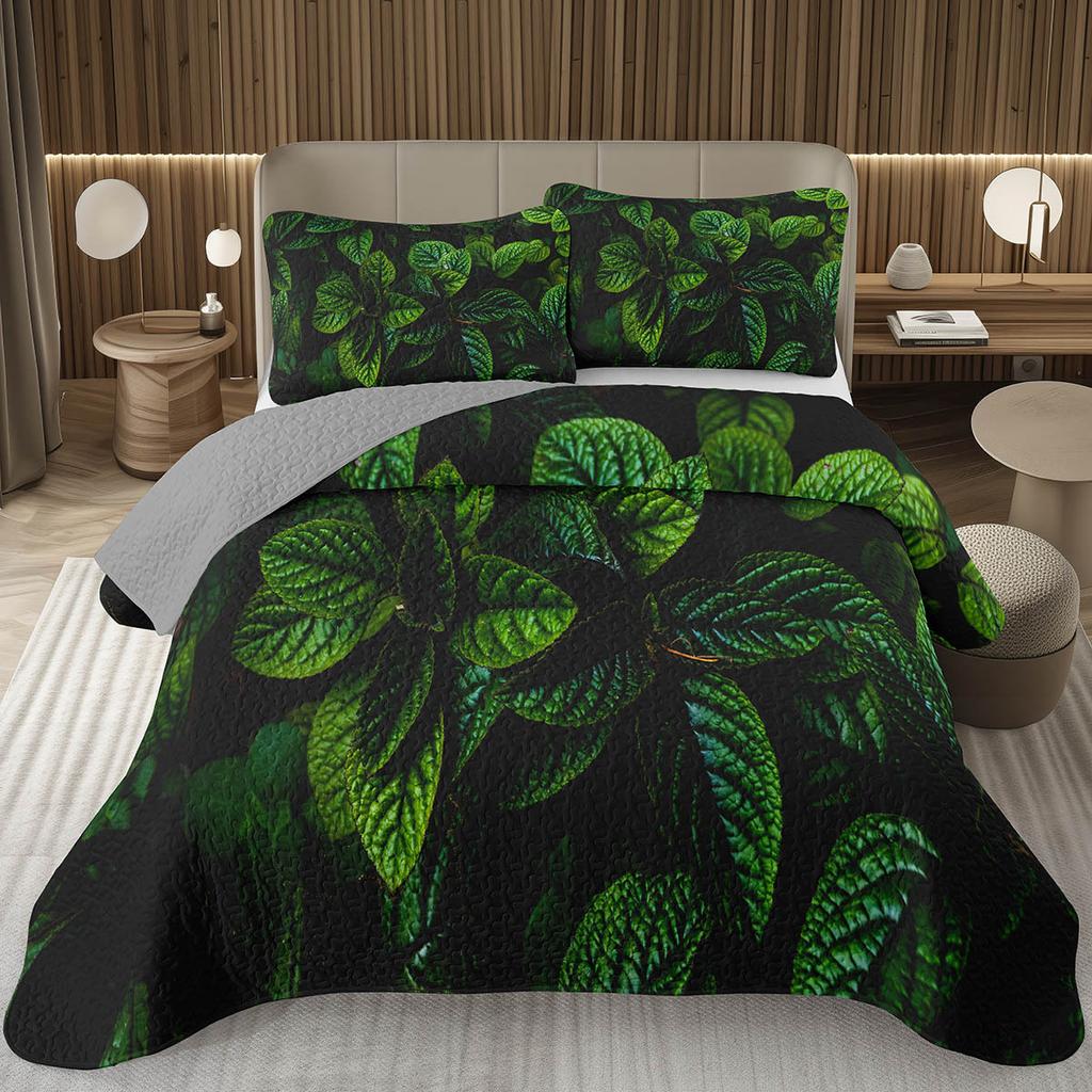 Grüne Blätter Tagesdecke Einzel- Doppelgröße Bauernhaus Botanische Pflanze Tagesdecken-Sets Frühling Natur Blatt Quilt-Set für Kinder Teenager Erwachsene