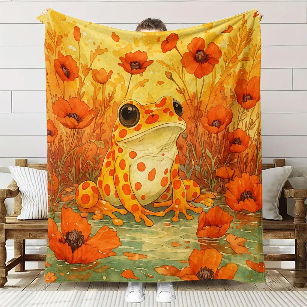 

1pc Cute Frog & Flower Bedspread - Quilted Soft Flannel Blanket Suitable for Room,, All-Season Cozy Bed Cover, Machine Washabl 130x150cm