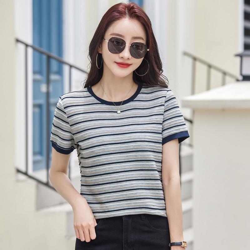 Summer Color-blocking Striped Short-sleeved T-shirt, Summer Dopamine Loose Slimming Plus-size Cover-up Top