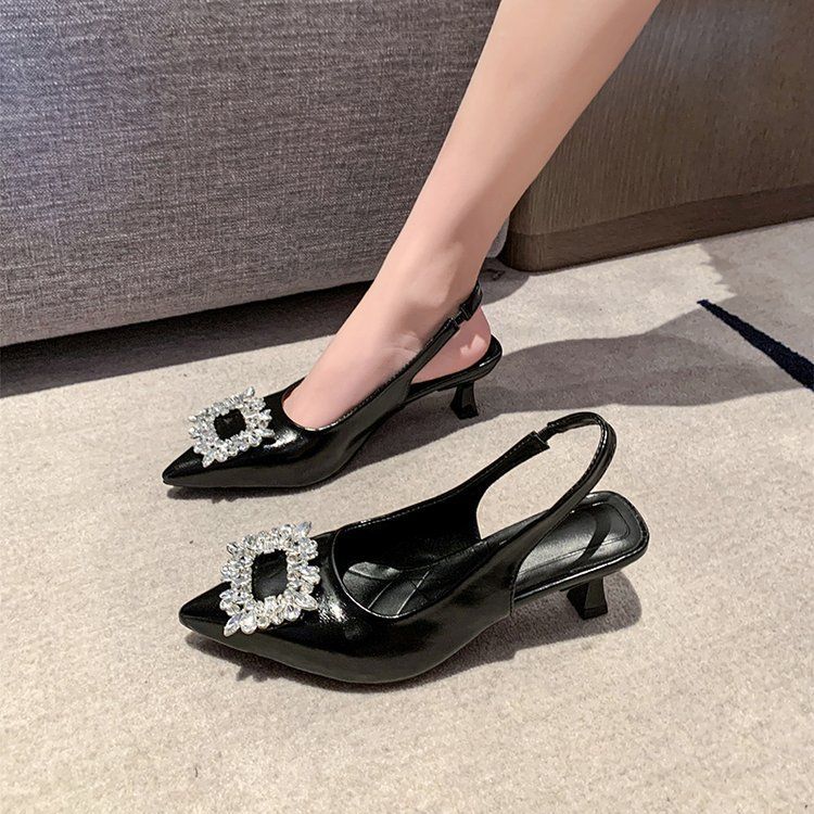 French Xiaoxiangfeng High-heeled Bag Head Sandals Women's Shoes 2025 New Early Spring Rhinestone Pointed Fashion Shoes