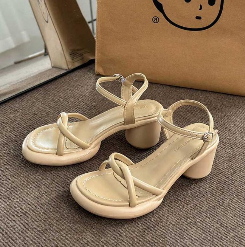Women Thi Heel Sandals Summer Fairy Sle Open Toe Roman High Heels Faionable Casual Low Cut PU Lined Black Slingback Ponted Shoes
