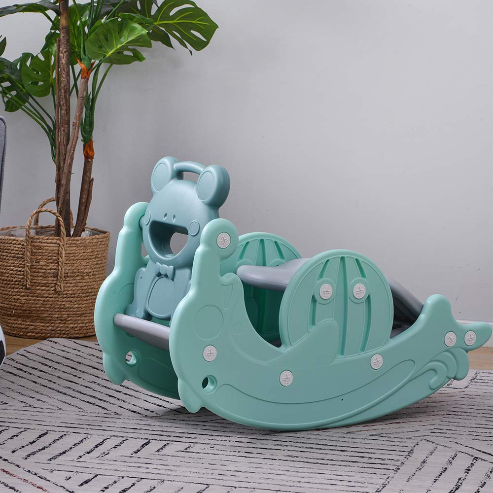 3-in-1 Slide, Rocking Horse, Ride-On, Swing Set, Basketball Hoop, Compact IndoorOutdoor Playground Equipment for Toddlers, Birthday Gift (Mint)