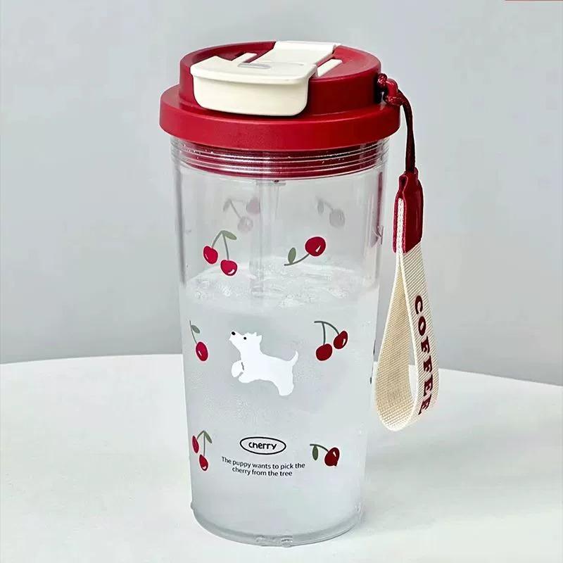 Water bottle summer water cup female ins straw cup student high value tea separation tea cup cherry puppy office worker