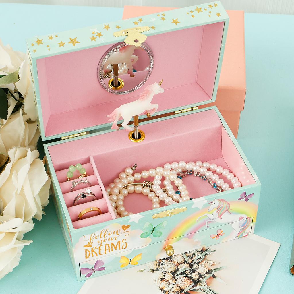 Princess Musical Jewelry Storage Box Decorative Jewelry Organizer Box with Drawer Bracelet Ring Holder Case for Girls Kids Gifts