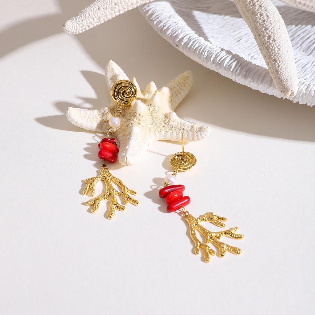 Youthway Freshwater Pearls & Red Onyx  Dangle Earrings Summer Ocean Style Stainless Steel Waterproof Jewelry Accessories