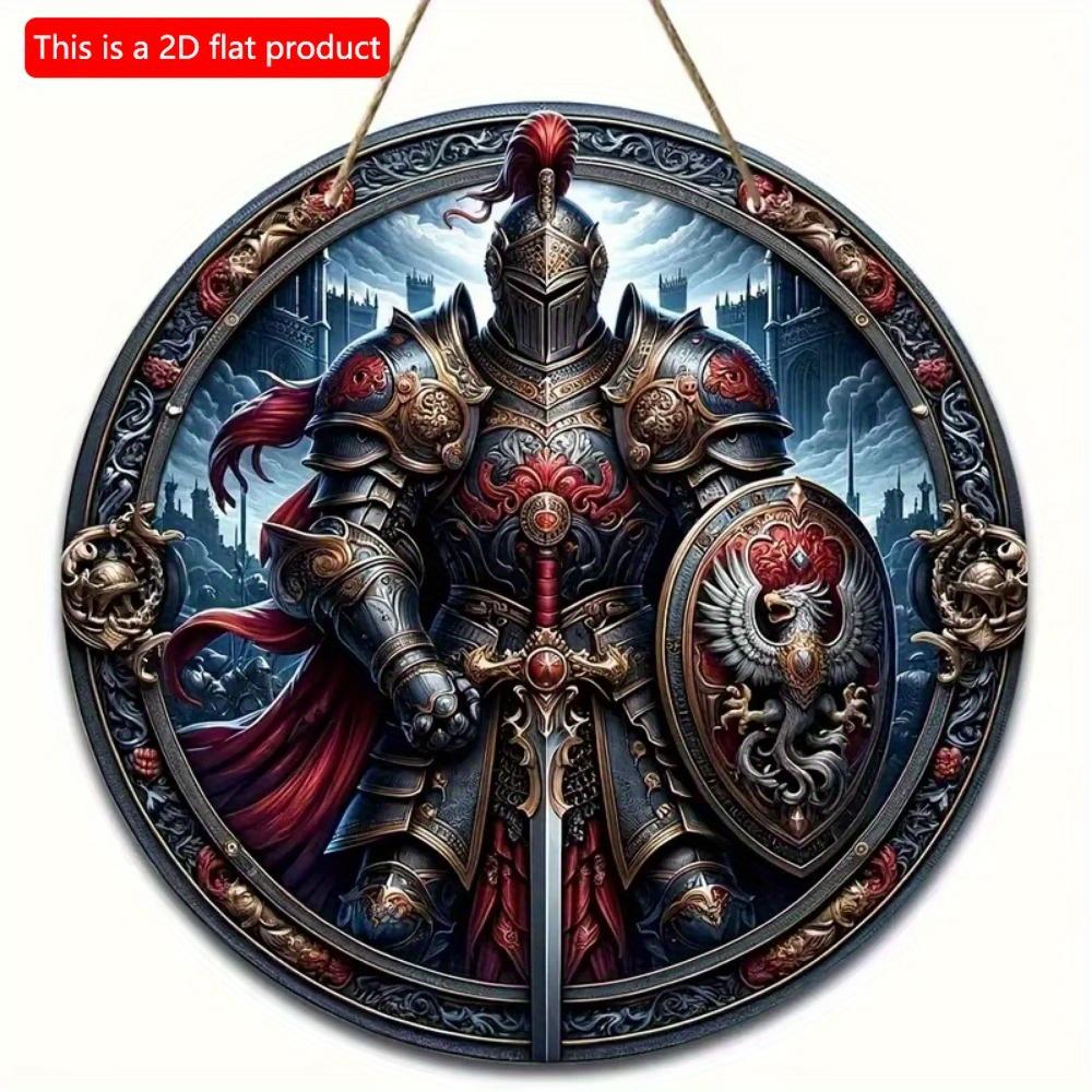 1 Stück 2D Flaches Vintage Mittelalterlicher Ritter Kunst Schild - 20cm Rund Holz, Bar Café Veranda Wohnzimmer Schlafzimmer Heimdeko, Rustikaler Stil Kreative Wanddeko