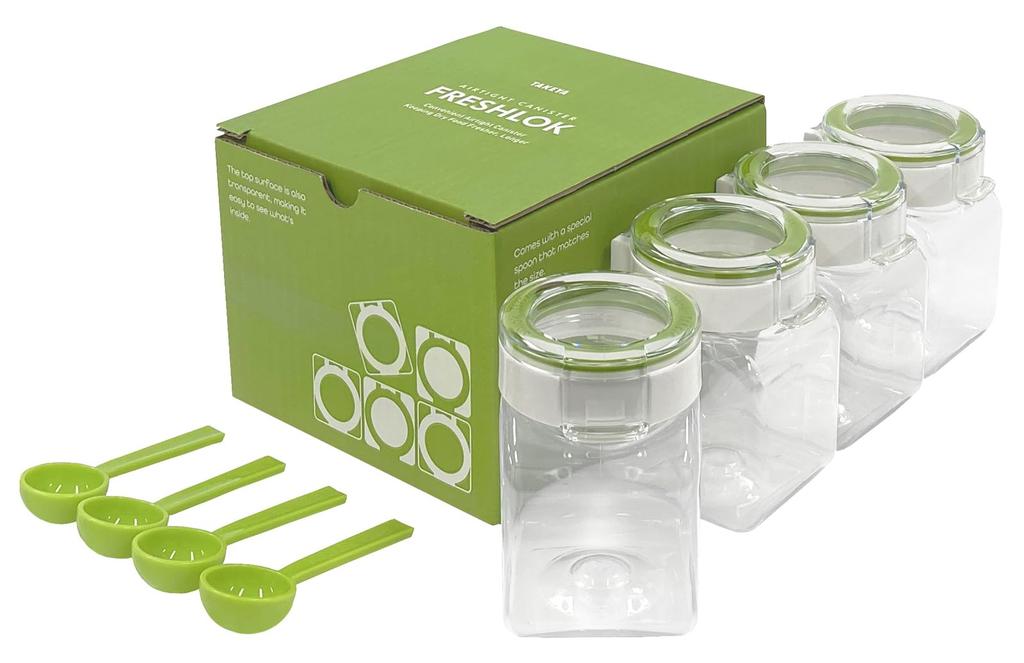 Takeya Chemical Industry TAKEYA Freshlock Square Storage Set of with Opening Containers, 300ml, Green, 4, Spoon, Airtight, One-Touch