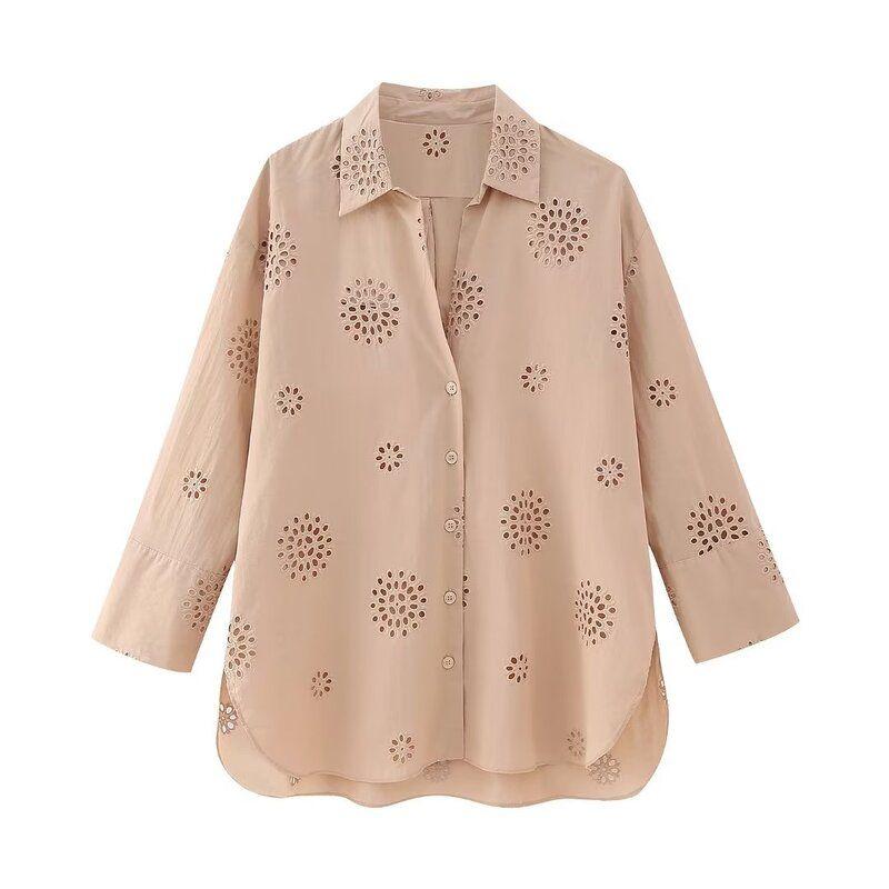 

New Fall Women s Clothing Stylish Loose Cut Out Embroidery Khaki L